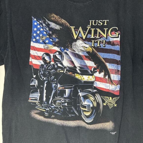 Vintage American Biker Shirt Just Wing It Mens Large Eagle Motorcycle Black Y2K - Picture 3 of 7